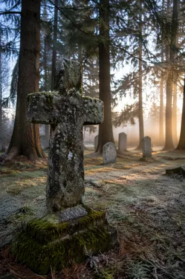 Weathered Stone Cross in Evergreen Cemetery