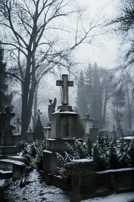 Weathered Stone Cross in Winter Cemetery