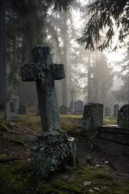 Weathered Stone Cross in Misty Evergreen Cemetery