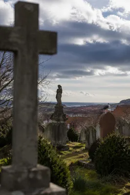 Weathered Stone Cross in Evergreen Cemetery