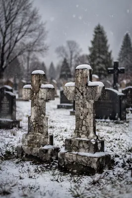 Snow-Dusted Stone Crosses in Old Cemetery