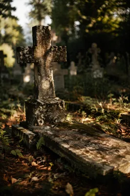 Weathered Stone Cross in Evergreen Cemetery