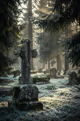 Weathered Stone Cross in Winter Cemetery