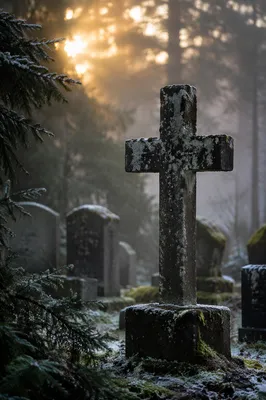 Weathered Stone Cross in Winter Cemetery
