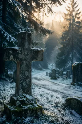 Weathered Stone Cross in Winter Cemetery
