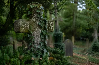 Weathered Stone Cross in Evergreen Cemetery
