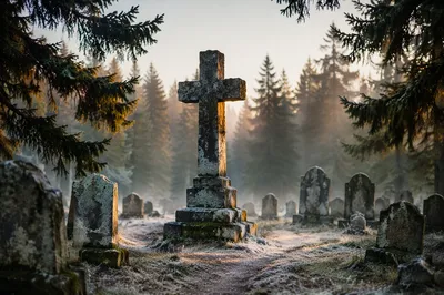 Weathered Stone Cross in Evergreen Cemetery