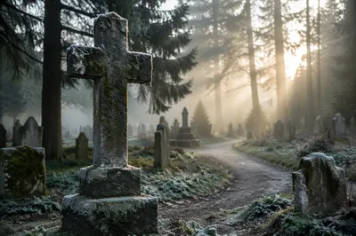 Weathered Stone Cross in Misty Evergreen Cemetery