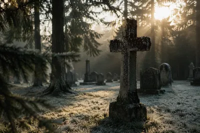Weathered Stone Cross in Evergreen Cemetery