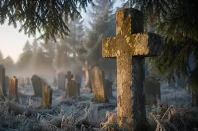 Weathered Stone Cross at Winter Dawn