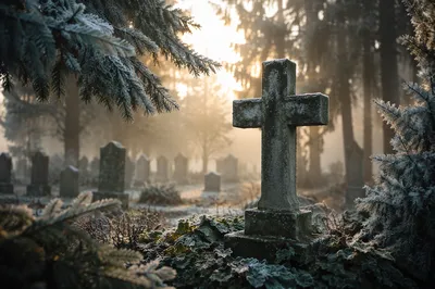 Weathered Stone Cross in Misty Evergreen Cemetery