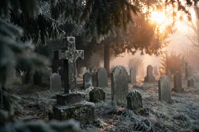 Weathered Stone Cross at Winter Dawn