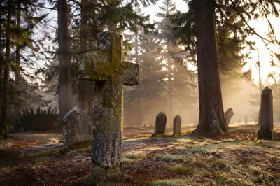 Weathered Stone Cross in Evergreen Cemetery