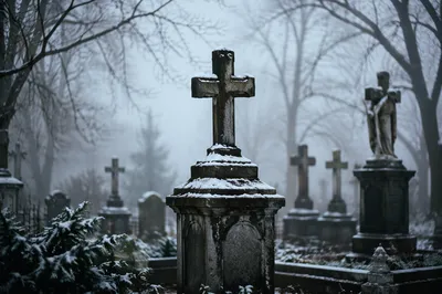 Weathered Stone Cross in Winter Cemetery