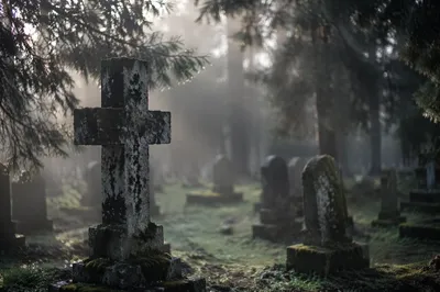 Weathered Stone Cross in Evergreen Cemetery