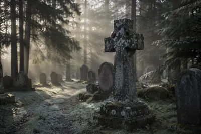 Weathered Stone Cross in Evergreen Cemetery