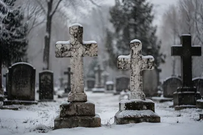 Snow-Dusted Stone Crosses in Old Cemetery