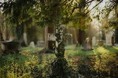 Weathered Stone Cross in Evergreen Cemetery