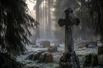 Weathered Stone Cross in Evergreen Cemetery