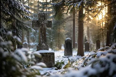 Weathered Stone Cross in Snowy Evergreen Cemetery