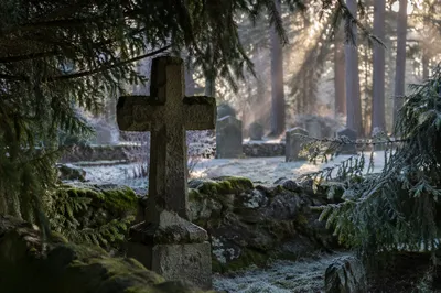Weathered Stone Cross in Evergreen Cemetery