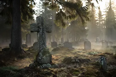 Weathered Stone Cross in Evergreen Cemetery
