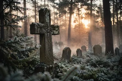 Weathered Stone Cross at Winter Dawn