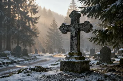 Weathered Stone Cross in Winter Cemetery