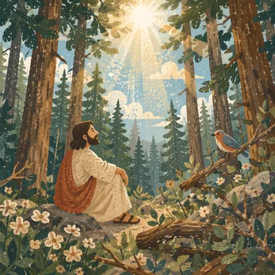 Sunlit Evergreen Forest with Spring Blossoms
