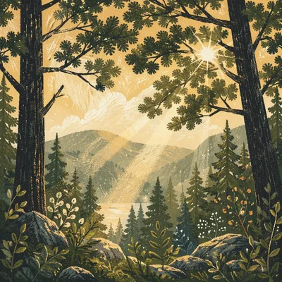 Morning Sunlight Through Evergreen Forest Canopy