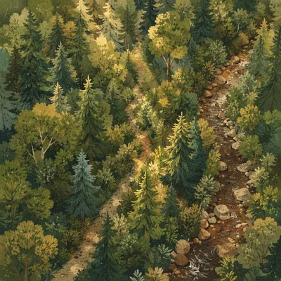 Sunlit Evergreen Forest Canopy and Stream