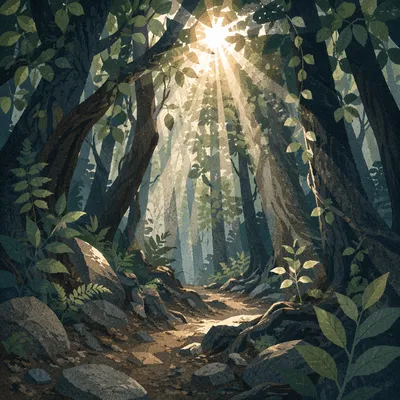 Sunlit Evergreen Forest Canopy Path