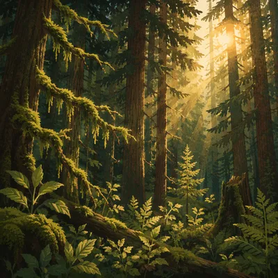 Sunlight Through Evergreen Forest Canopy