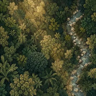 Sunlit Evergreen Canopy with Winding River