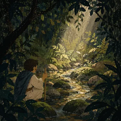 Sunlit Evergreen Forest Stream