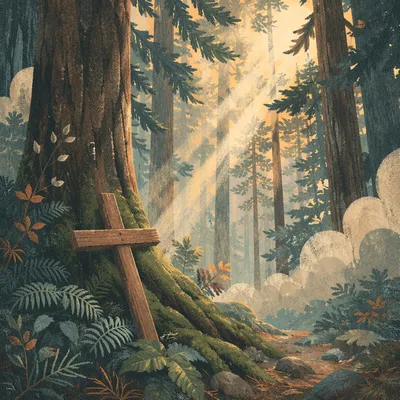 Sunlit Evergreen Forest Cross in Morning Mist
