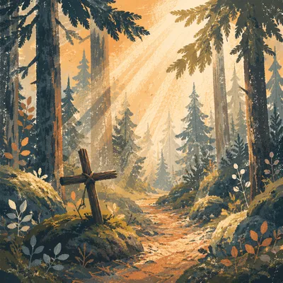 Golden Sunlight Over Evergreen Forest Cross