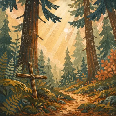 Morning Sunlight Through Evergreen Forest Cross