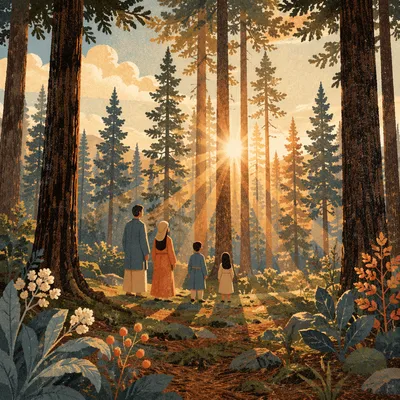 Golden Sunbeams Through Evergreen Forest Canopy