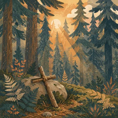 Sunlit Evergreen Forest Cross at Dawn