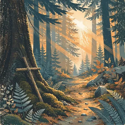 Sunlit Evergreen Forest Cross and Morning Mist