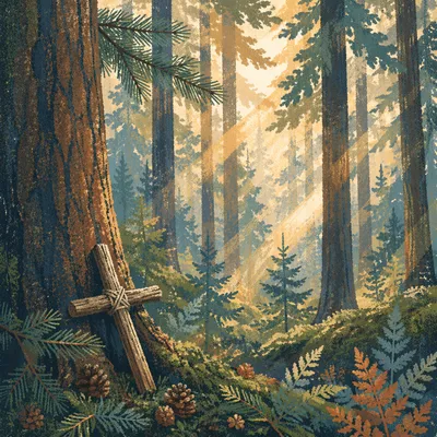 Sunlit Evergreen Forest Cross at Dawn