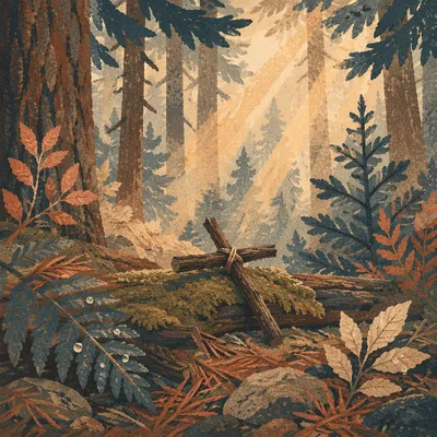 Morning Sunlight Over Evergreen Forest Cross