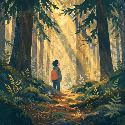 Golden Sunlight Through Evergreen Forest Canopy