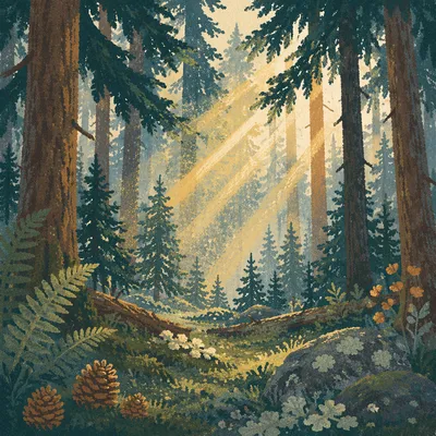 Golden Sunlight Through Evergreen Forest Canopy
