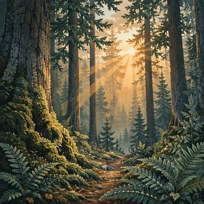 Sunlight Rays Through Evergreen Forest Canopy