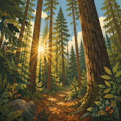 Golden Sunlight Through Evergreen Forest Canopy