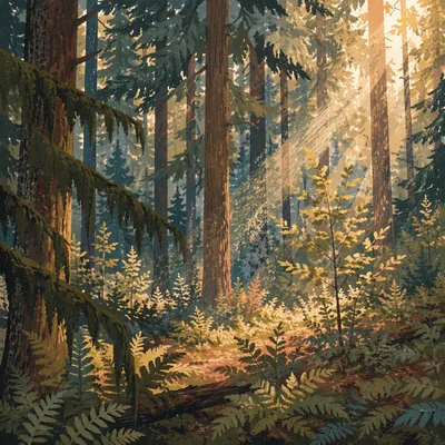 Sunlight Through Evergreen Forest Canopy