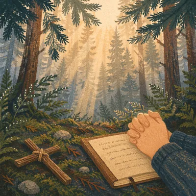 Prayerful Evergreen Forest Morning Light