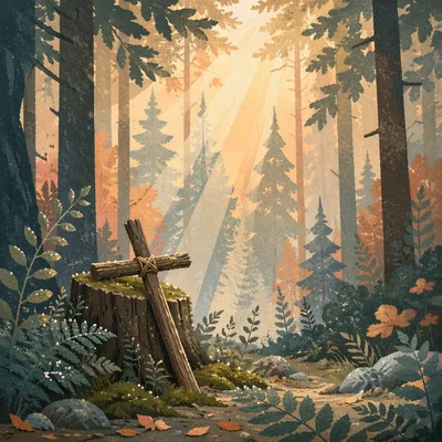 Golden Sunlight Over Forest Cross